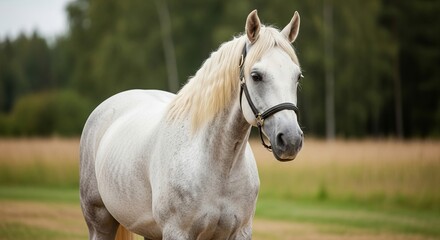 Naklejka premium A majestic white horse stands proudly in a lush green meadow with trees in the background viewed from the side