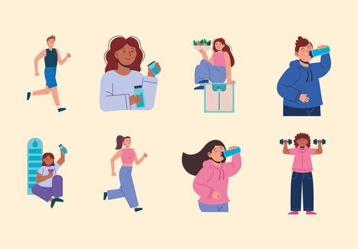 Colorful Fitness Exercise Wellness Nutrition Healthy Illustrations Set