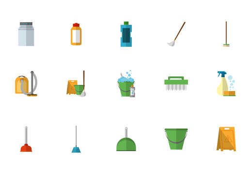 Colorful Housekeeping Cleaning Tools Hygiene Equipment Icons Set