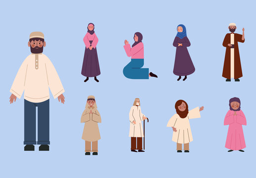 Colorful Islam Muslim Characters Traditional Culture Illustrations Set