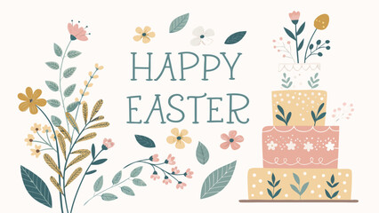 Happy Easter celebration with decorated cake and flowers