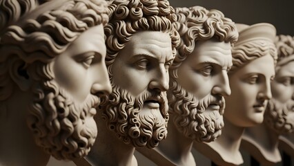 Row of Classical Greco Roman Stone Busts in Profile.