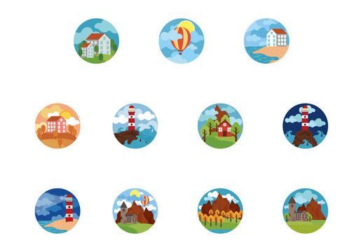 Colorful Mini Landscape Nature Travel Resort Vacation Tourism Illustrations Set