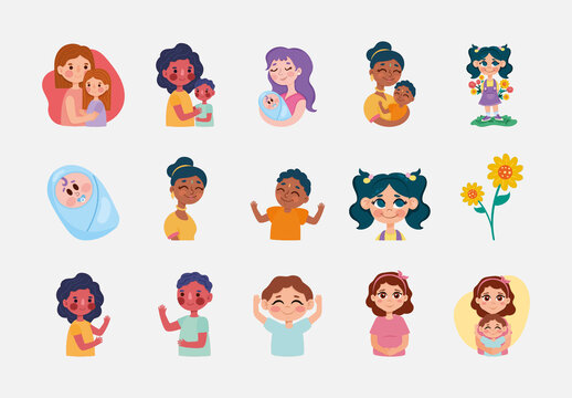 Colorful Mothers Day Celebration Illustrations Set