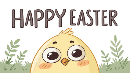 Cute Easter chick with Happy Easter text in grassy field