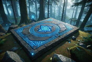 Naklejka premium Ancient stone tablet or grimoire with glowing blue magical runes lying on a mossy ground in a mystical forest