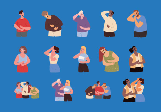 Colorful Laughing Happy Joyful Funny People Illustrations Set