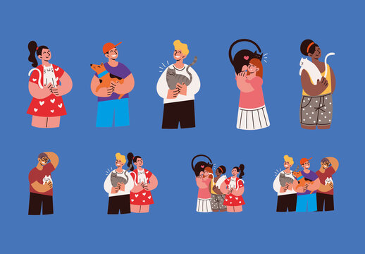 Colorful Cute Animal Hug Pet Love People Illustrations Set