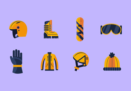 Colorful Snowboard Equipment Illustrations Set
