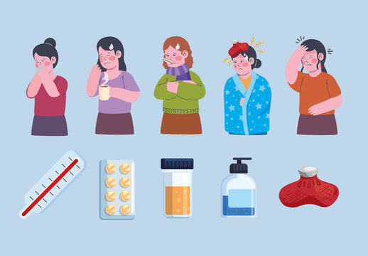 Colorful Sickness People Medicine Illustrations Set