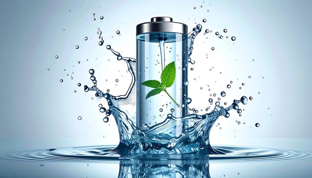 Clear battery with green sprout inside, splashing in water against a pale gradient blue background