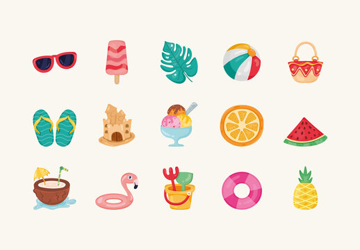 Colorful Summer Beach Travel Illustrations Set