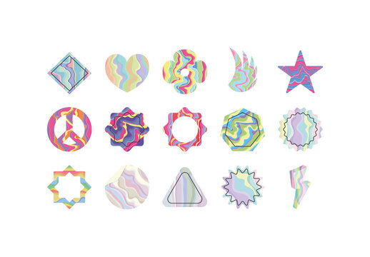 Colorful Trippy Cutout Sticker Groovy Abstract Shape Illustrations Set