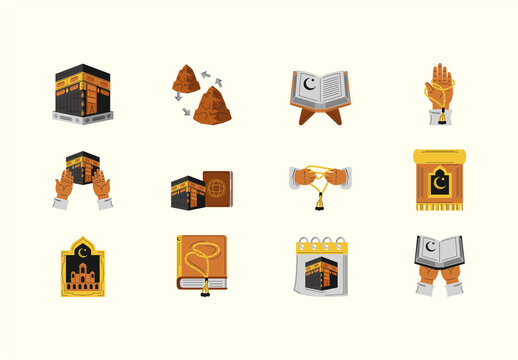 Colorful Umrah Kaaba Mosque Quran Prayer Illustrations Set