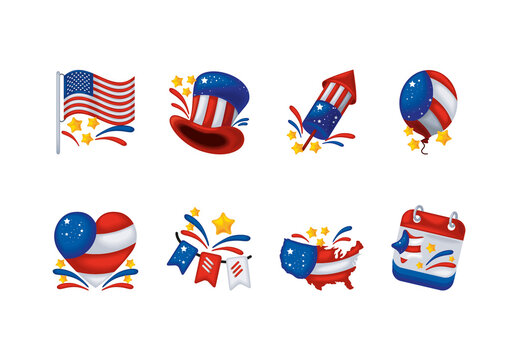 Colorful America Usa Independence Day Illustrations Set