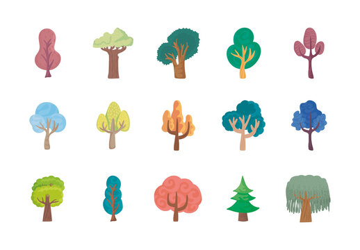 Colorful Nature Forest Ecology Plants Trees Illustrations Set