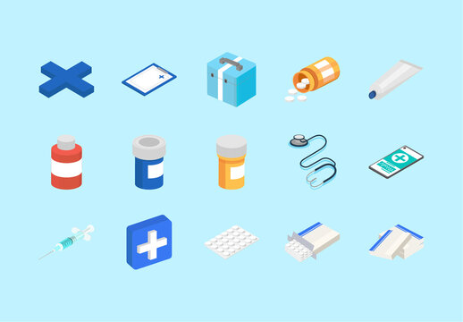 Colorful Health Medicine Medical Pharmacy Isometric Illustrations Set