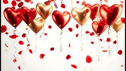 Heart-shaped balloons in red and gold float amongst falling rose petals, festive and romantic on a white backdrop
