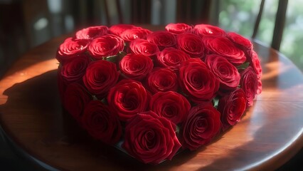 Heart-shaped arrangement of vibrant red roses sits on a polished wooden table. Sunlight casts gentle shadows