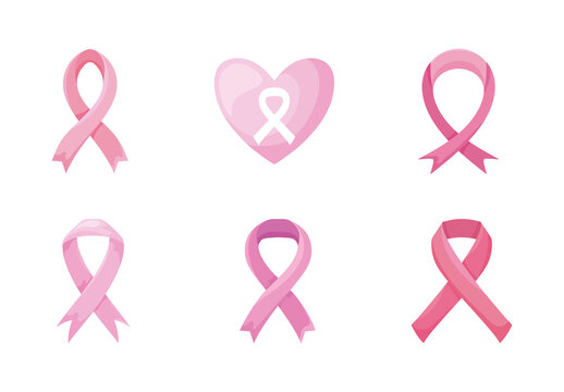 Pink Breast Cancer Awareness Ribbons Hope Support Illustrations Set