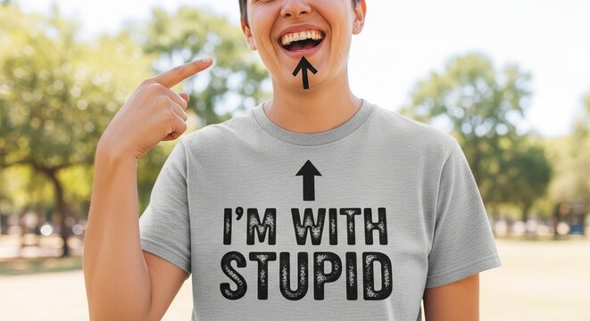 Man pointing to text on t-shirt indicating companionship with person labeled stupid in outdoor setting