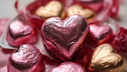 Heart-shaped chocolates in shiny pink & gold wrappers, some unwrapped, arranged artfully with petals
