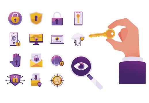 Purple And Yellow Cybersecurity Icons Set