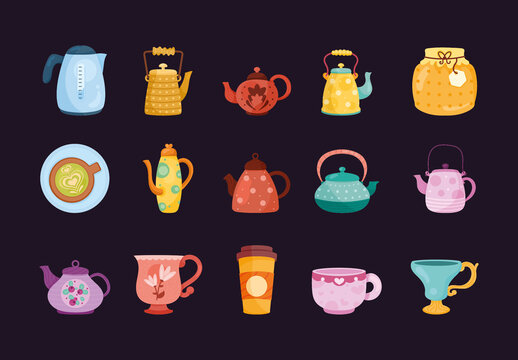 Colorful Teapots Cups Kettles Leaves Drinks Illustrations Set
