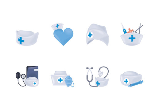 White And Blue Nurse Health Care Medical Hat Tools Illustrations Set
