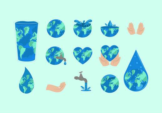Colorful Water Day Earth Planet Illustrations Set
