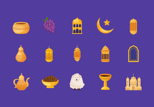 Colorful Eid Lantern Mosque Pot Coffee Food Illustrations Set