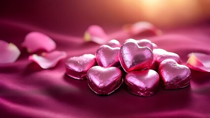 Heart-shaped, foil-wrapped candies sit atop crimson silk, surrounded by scattered pink rose petals, bathed in warm light