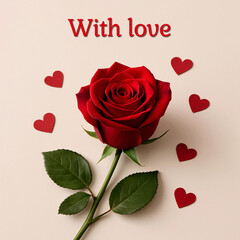 Valentine&rsquo;s Day greeting card with a bright red rose and delicate heart accents on a warm beige background. Romantic elegant composition with the message &ldquo;With love,&rdquo; perfect for love-themed designs.