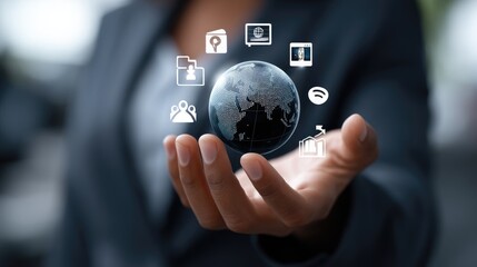 A hand displays a digital network showing people icons and connections above a cityscape in bright daylight, suggesting online interaction