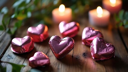 Heart-shaped, foil-wrapped candies sit on wood, framed by lit candles and green foliage, creating a romantic scene
