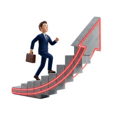 A businessman ascending a glowing staircase representing growth and success