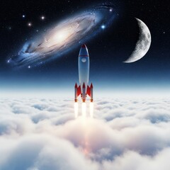 Rocket launching through clouds towards crescent moon and galaxy backdrop