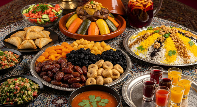 Traditional middle eastern feast with various dishes and delicacies