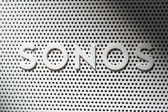 SONOS audio equipment manufacturer's logo on a white soundbar