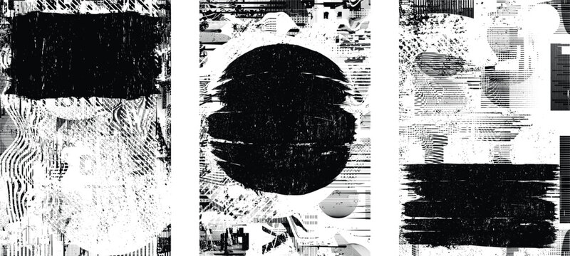 Glitch distorted grungy isolated layers . Design element for brochure, social media, posters, flyers. Overlay texture.Textured banner with Distress effect .Vector halftone dots . Screen print texture