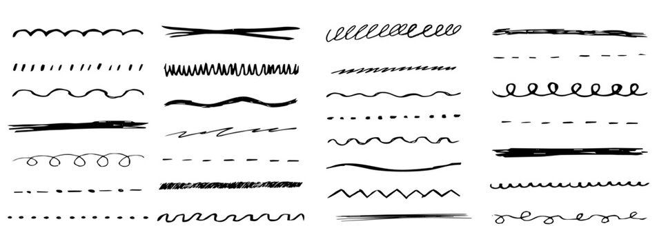 Underline chalk lines and squiggles set, hand drawn doodle sketch underlines thick line border, swoosh. Textured sketchy crayon brush scribbles or wavy strokes