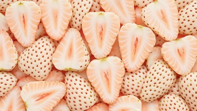 Fresh sliced pineberries with white flesh and red seeds. A beautiful top-down pattern of exotic white strawberries, perfect for healthy food themes.