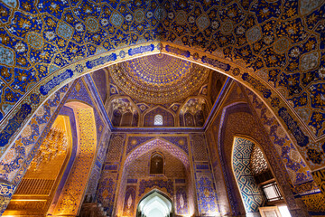 Samarkand, Uzbekistan - 18 August 2025: Madrasa and Mosque Tilya Kori in Rejistan Square