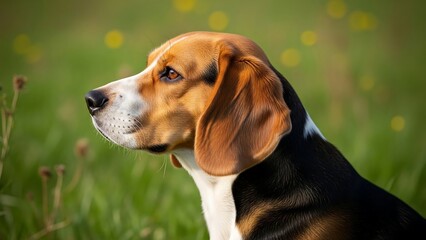 Beagle dog in green grass field.
