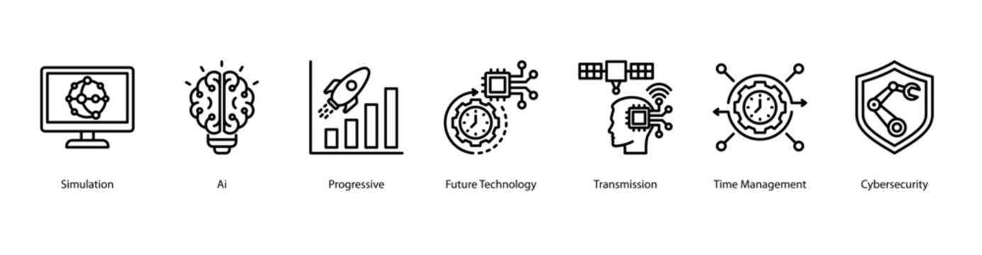 Digital Future and Cyber Defense web banner icon vector illustration featuring Simulation, AI, Progressive, Future Technology, Transmission, Time Management, and Cybersecurity.