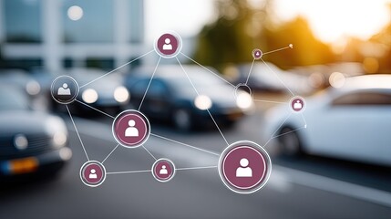 Visual shows a network of people and vehicles on city streets, highlighting connections and interactions in urban traffic.
