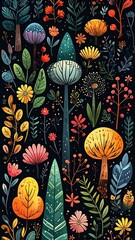 Colorful whimsical forest foliage pattern with painted-style flowers, mushrooms, and leaves on a dark background
