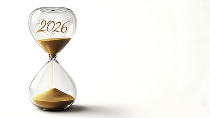 Hourglass with "2026" in elegant script, sand flowing. Isolated on white, casting a soft shadow