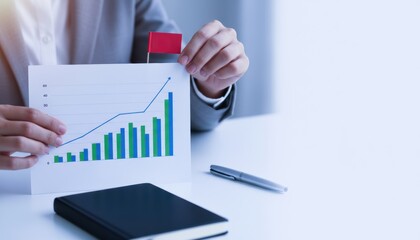 business goal revenue target audience. Hands holding a growth chart with colorful bars, symbolizing business progress and financial analysis.