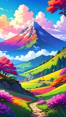 Colorful, whimsical landscape with a tall mountain, rolling hills, and vibrant trees under a blue sky with clouds
